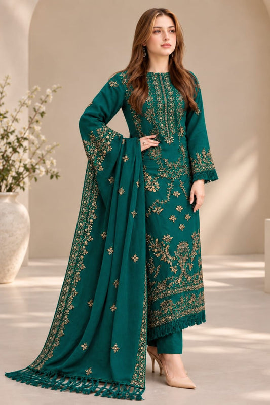 EL-NS40 (8.2 Meters) Un-Stitched Dhanak Embroidered Suit With Dhanak Embroidered Shawl