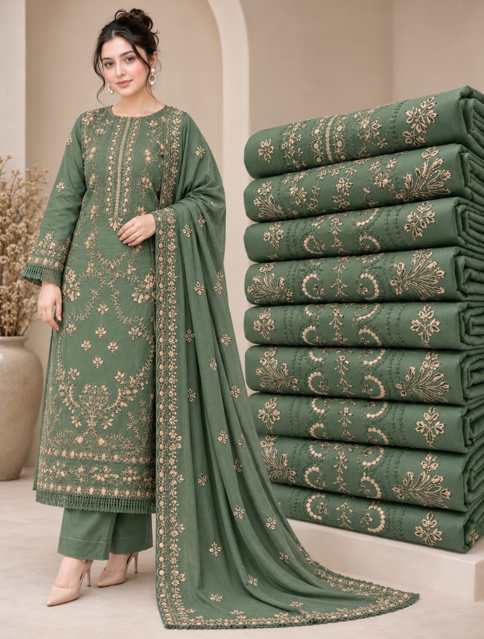 EL-NS41 (Sage Green) (8.2 Meters) Un-Stitched Dhanak Embroidered Suit With Dhanak Embroidered Shawl