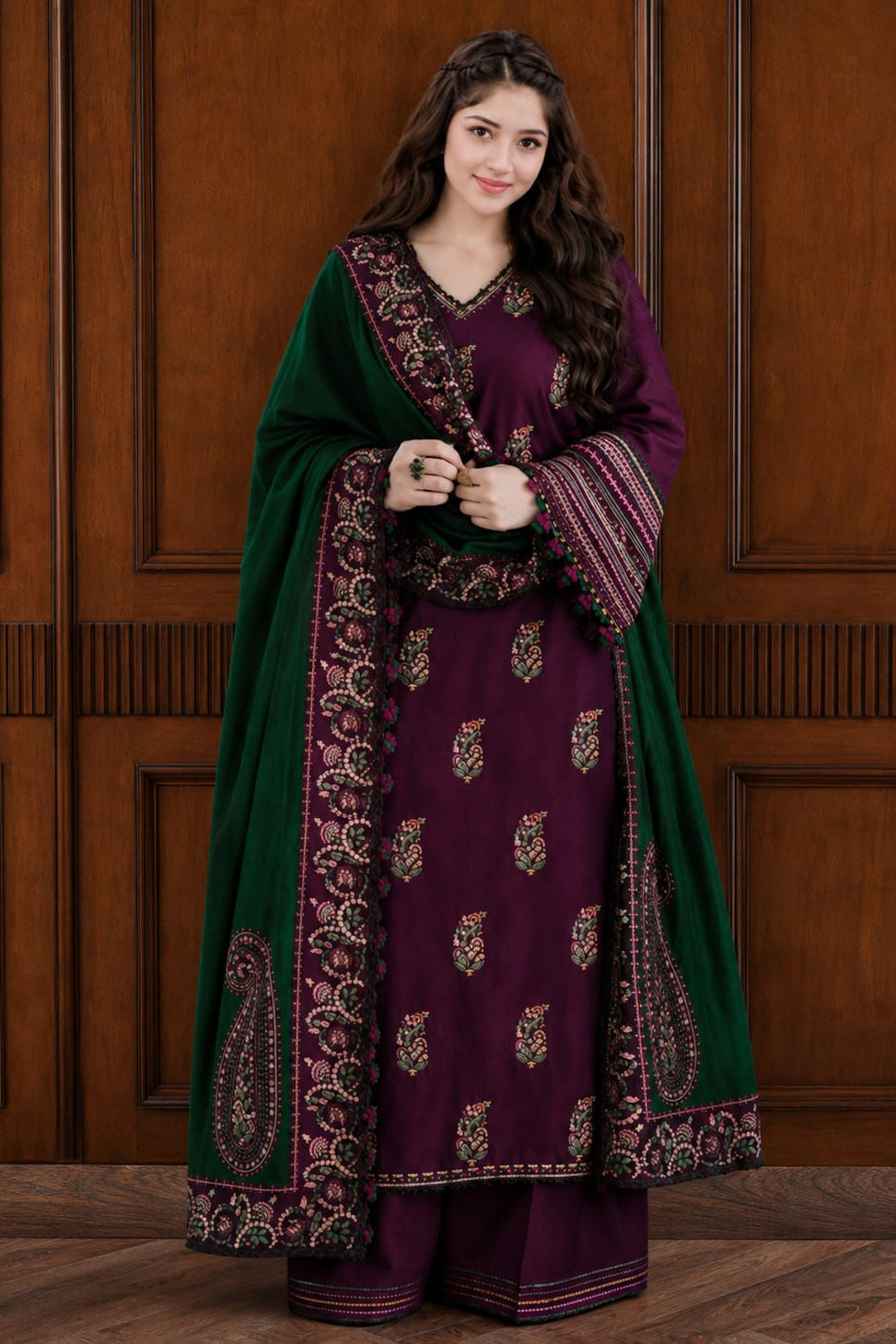 Highly Recommended EL-92 Unstitched Fully Embroidered Dhanak Suit With 4 Sided Embroidered Dhanak Shawl