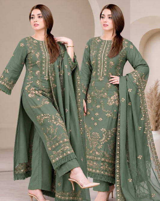 EL-NS41 (Sage Green) (8.2 Meters) Un-Stitched Dhanak Embroidered Suit With Dhanak Embroidered Shawl