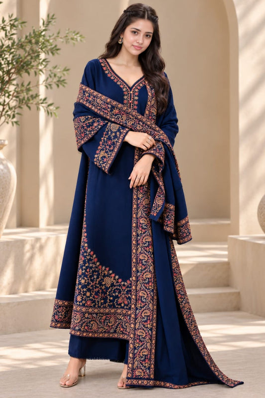 EL-BT2880(A) Unstitched Fully Embroidered Dhanak Suit With Embroidered Dhanak Shawl
