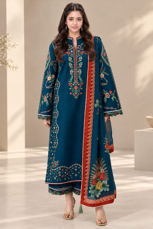 EL-HR3025 Unstitched Fully Embroidered Dhanak Suit With Digital Printed Wool Shawl