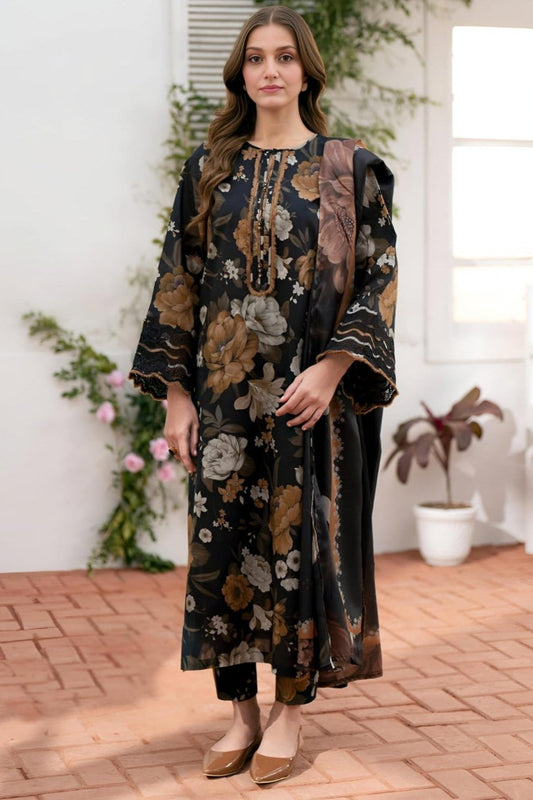 EL-BQ02 Digital Printed Khaddar Suit 3pc with Khaddar Digital Printed Dupatta & Embroidered Patches