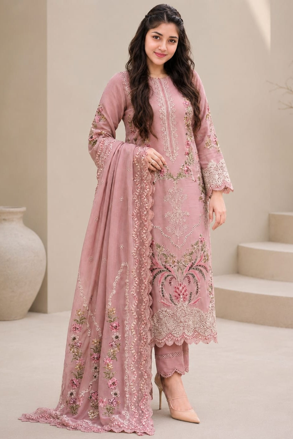 EL-AS2735(D) Luxury Dhanak Unstitched Embroidered 3pc Suit With Dhanak Embroidered Dupatta