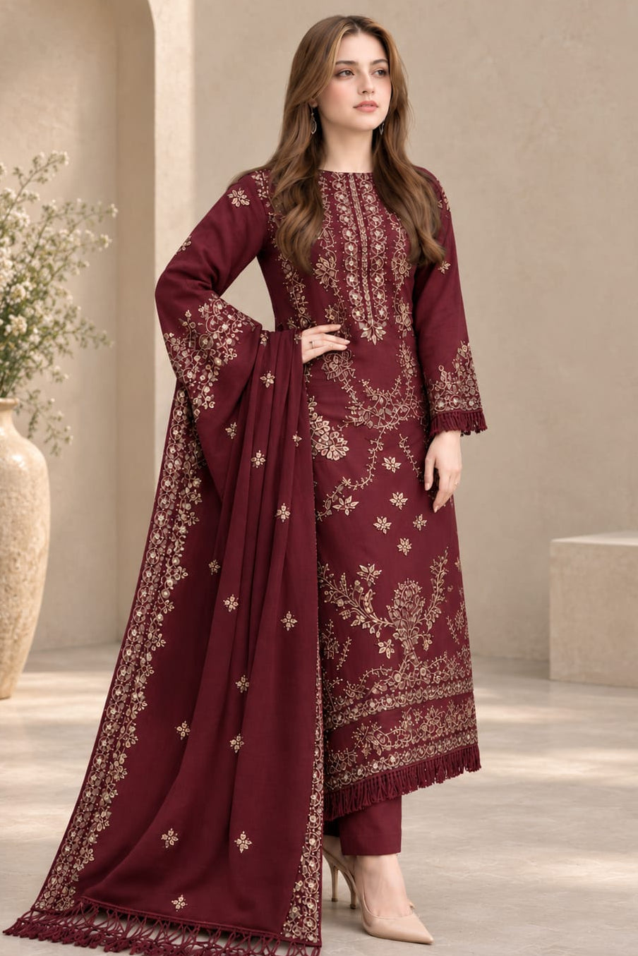 EL-NS40 (Mehroon) (8.2 Meters) Un-Stitched Dhanak Embroidered Suit With Dhanak Embroidered Shawl