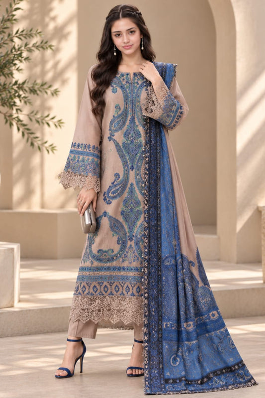 EL-MB3050 Unstitched Fully Embroidered Dhanak Suit With Digital Printed Wool Shawl
