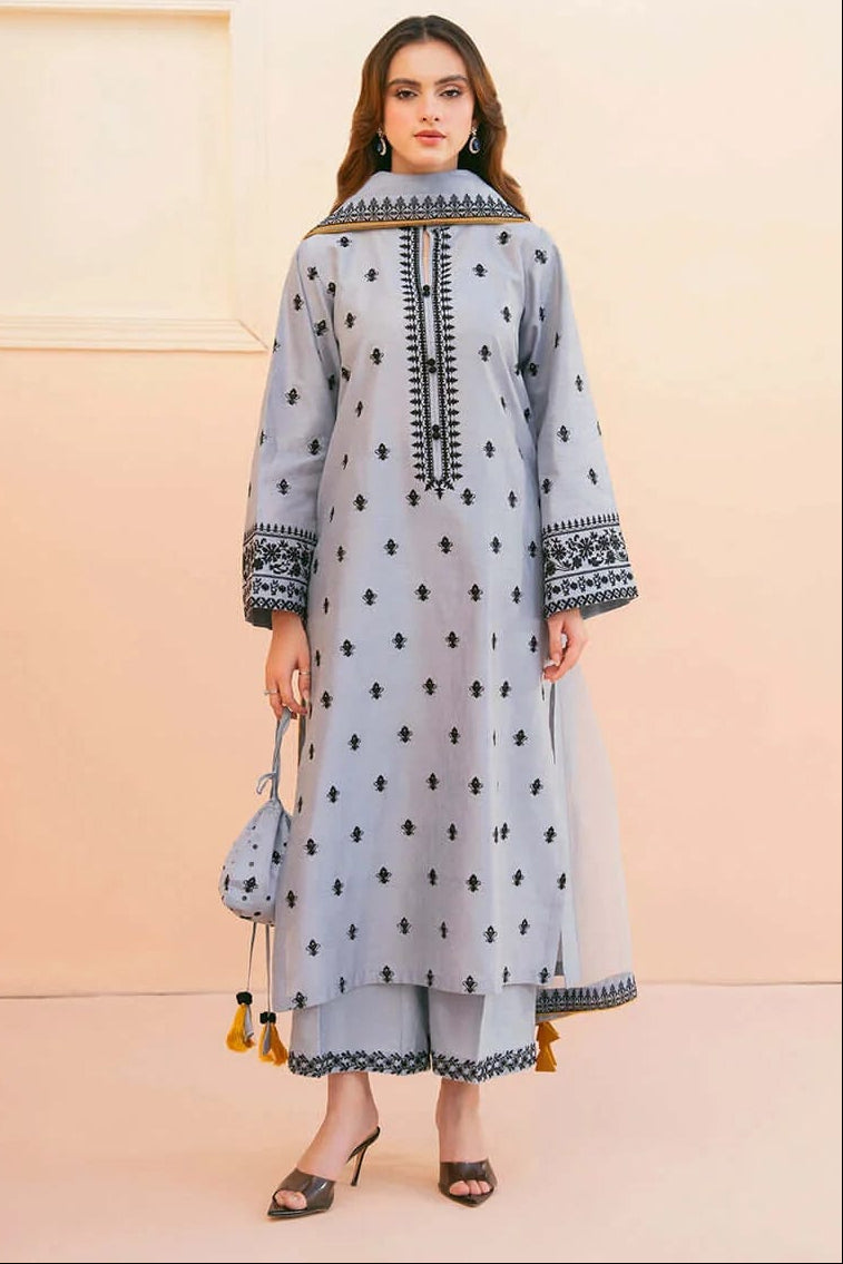 EL-AS2775 Unstitched Embroidered Lawn 3pc Suit With Organza Embroidered Dupatta