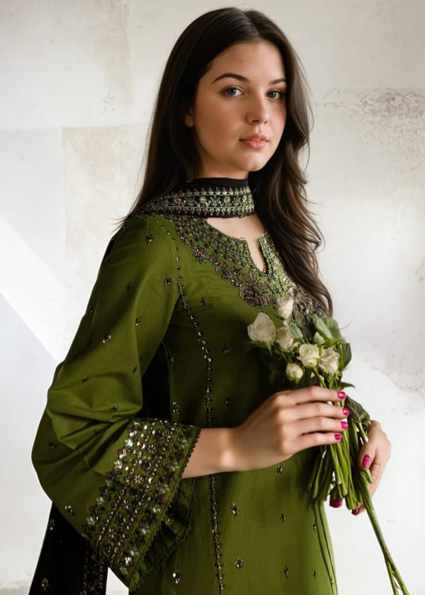EL-BT2400 Dhanak Embroidered 3pc Suit With Dhanak Embroidered Shawl