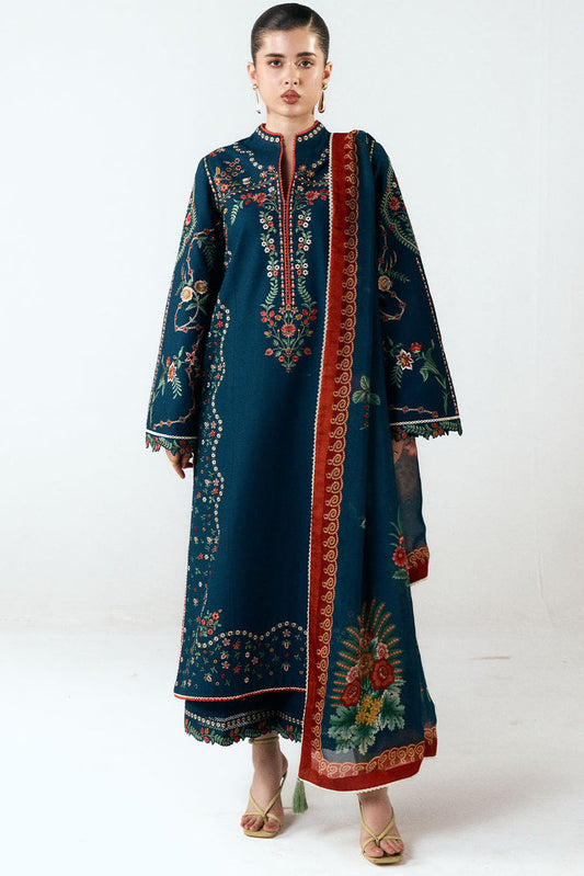 EL-HR3025 Unstitched Fully Embroidered Dhanak Suit With Digital Printed Wool Shawl