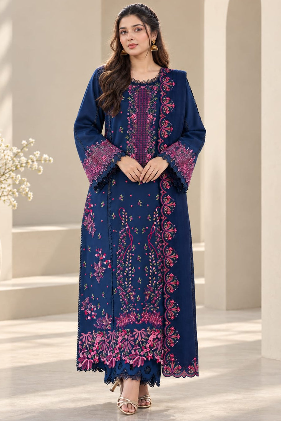 EL-RR2930 Dhanak Unstitched Fully Embroided Chikenkari 3pc Suit With Fully Embroided Dhanak Shawl