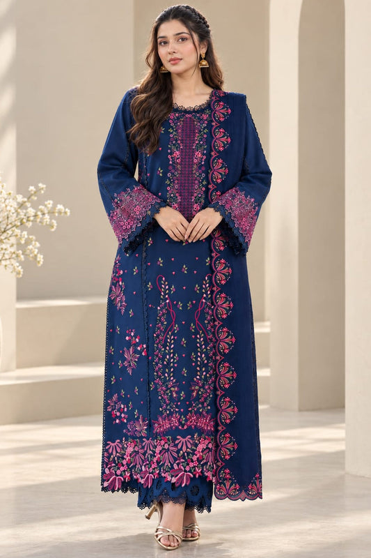 EL-RR2930 Dhanak Unstitched Fully Embroided Chikenkari 3pc Suit With Fully Embroided Dhanak Shawl