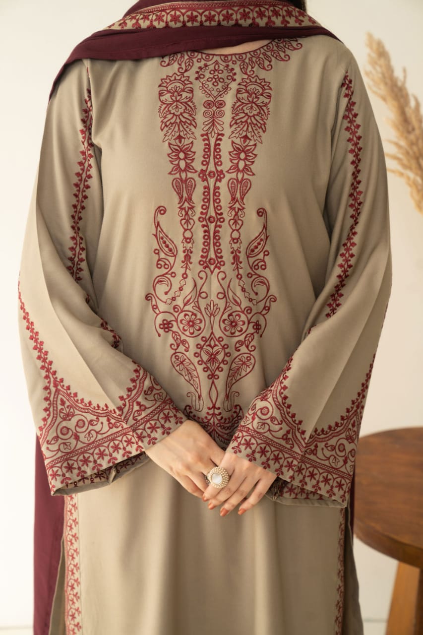 EL-KD910 Unstitched Heavy Embroidered Dhanak Suit With Embroidered Dhanak Shawl