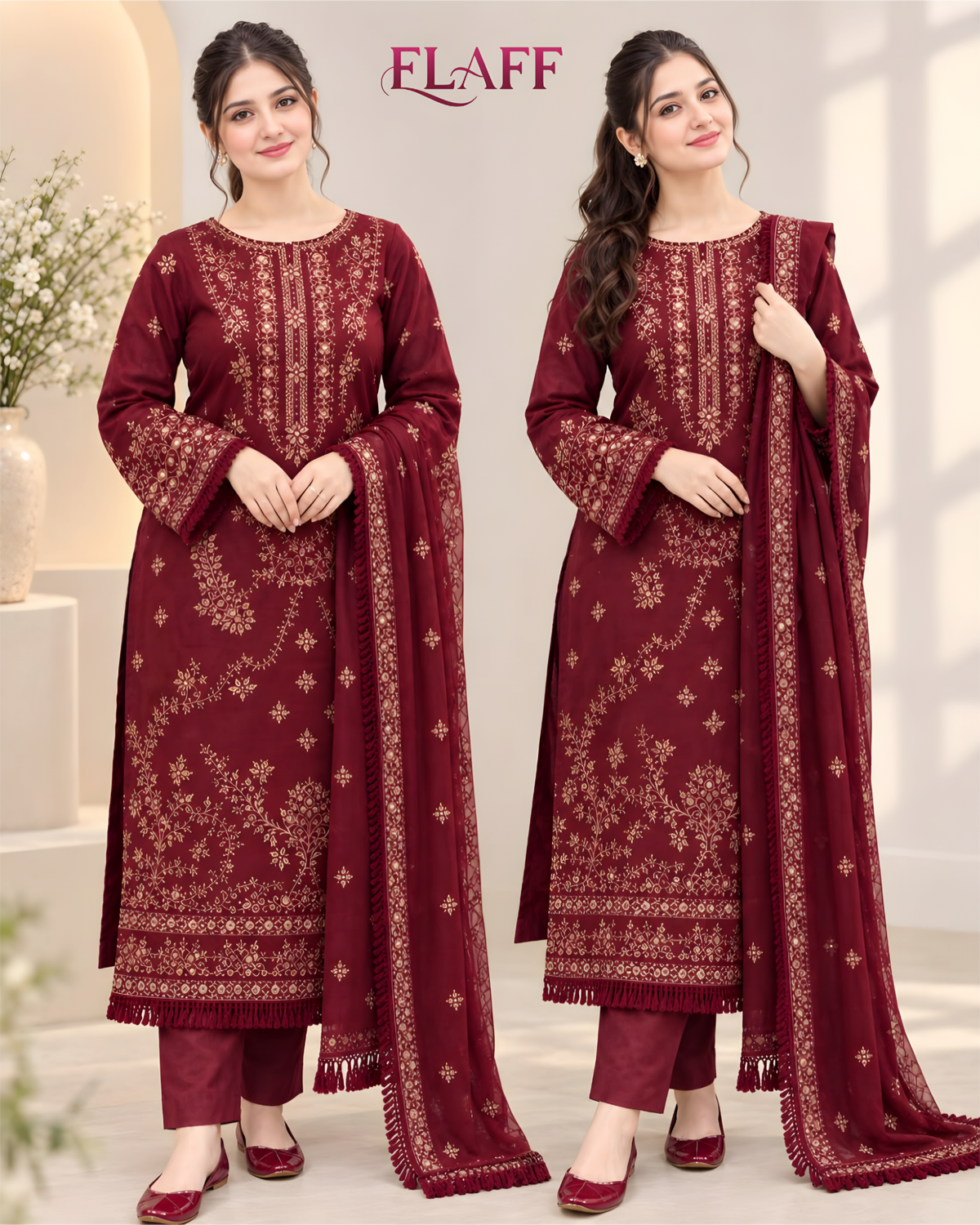 EL-NS40 (Mehroon) (8.2 Meters) Un-Stitched Dhanak Embroidered Suit With Dhanak Embroidered Shawl