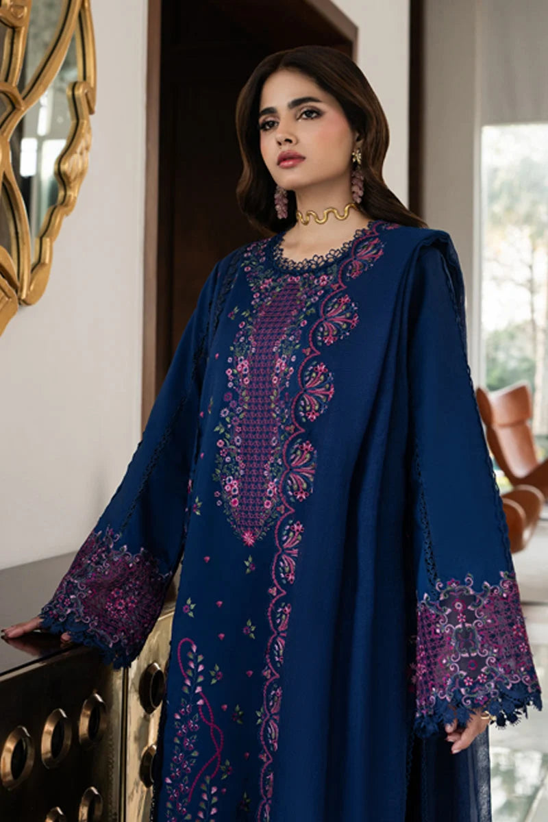 EL-RR2930 Dhanak Unstitched Fully Embroided Chikenkari 3pc Suit With Fully Embroided Dhanak Shawl
