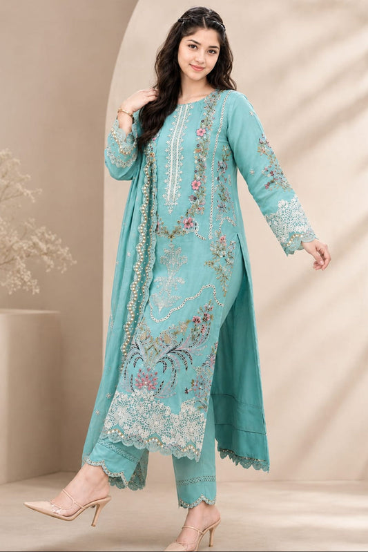 EL-AS2736 Lawn Unstitched Embroidered 3pc Suit With Lawn Embroidered Dupatta