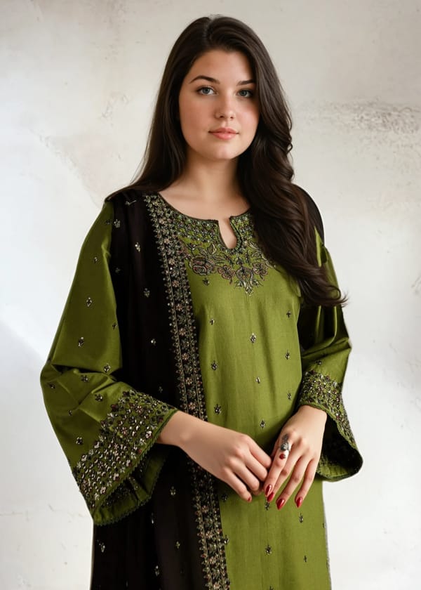EL-BT2400 Dhanak Embroidered 3pc Suit With Dhanak Embroidered Shawl