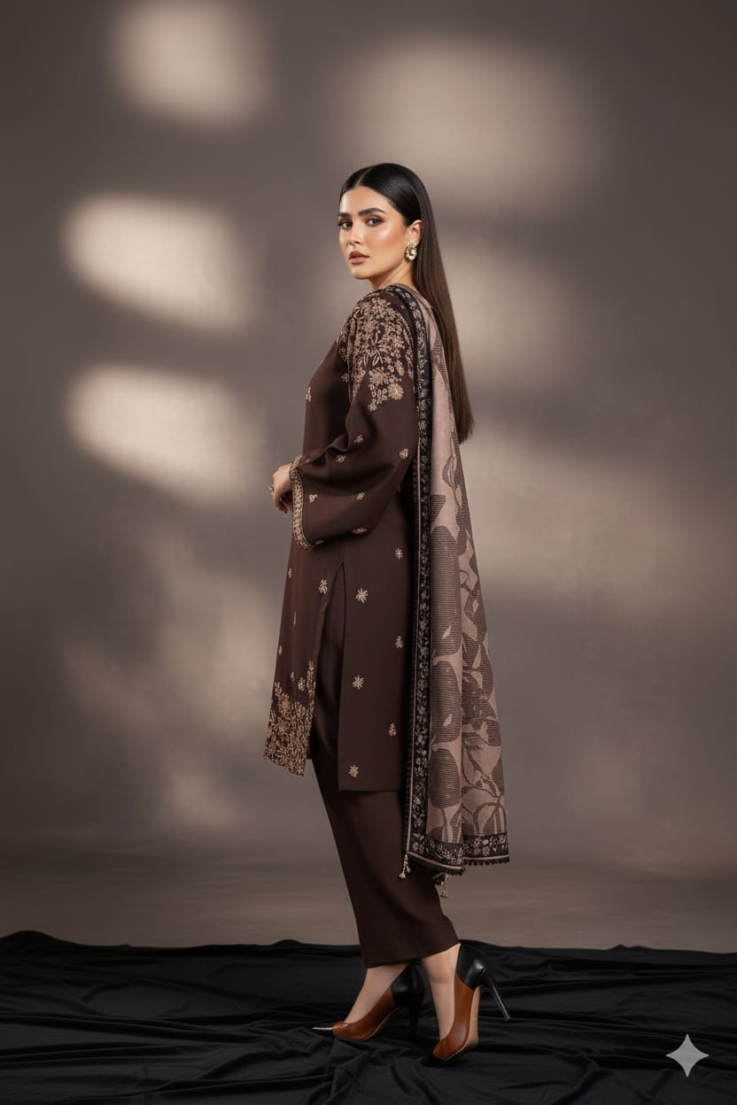 EL-BQ140 Dhanak Embroidered Suit With Digital Printed Wool Shawl