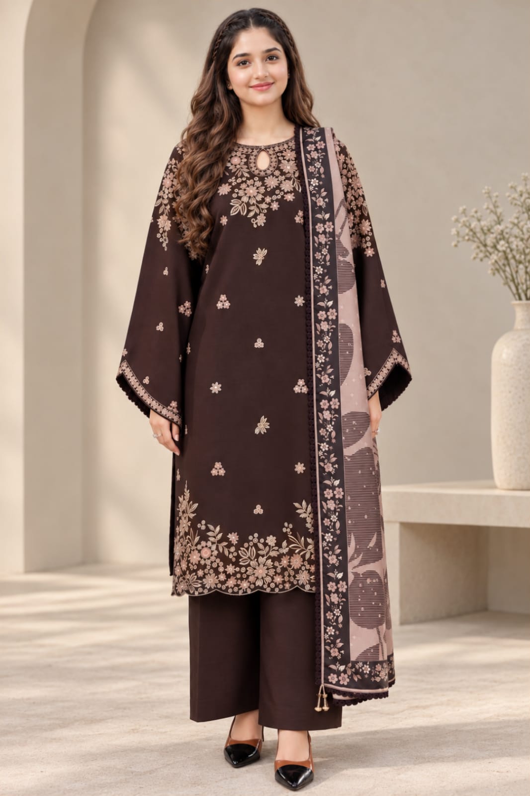EL-BQ140 Dhanak Embroidered Suit With Digital Printed Wool Shawl