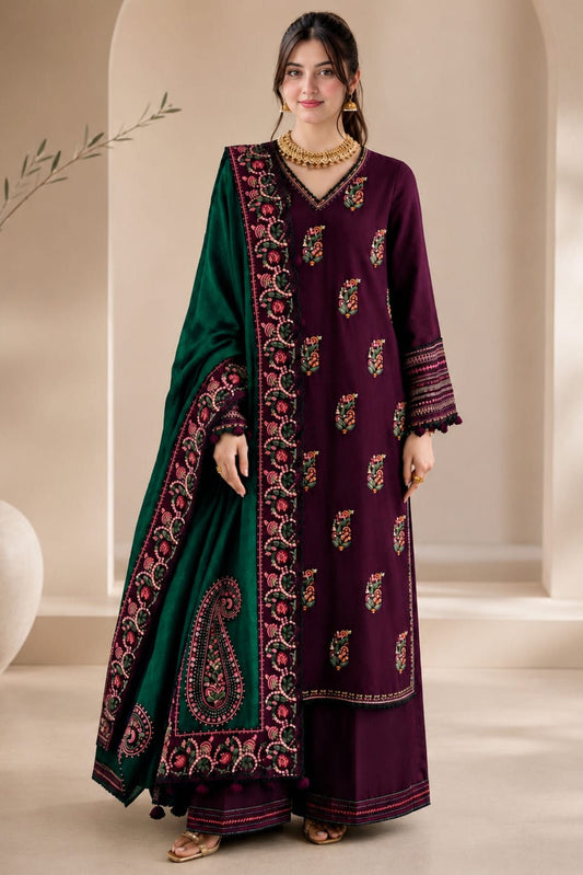 Highly Recommended EL-92 Unstitched Fully Embroidered Dhanak Suit With 4 Sided Embroidered Dhanak Shawl