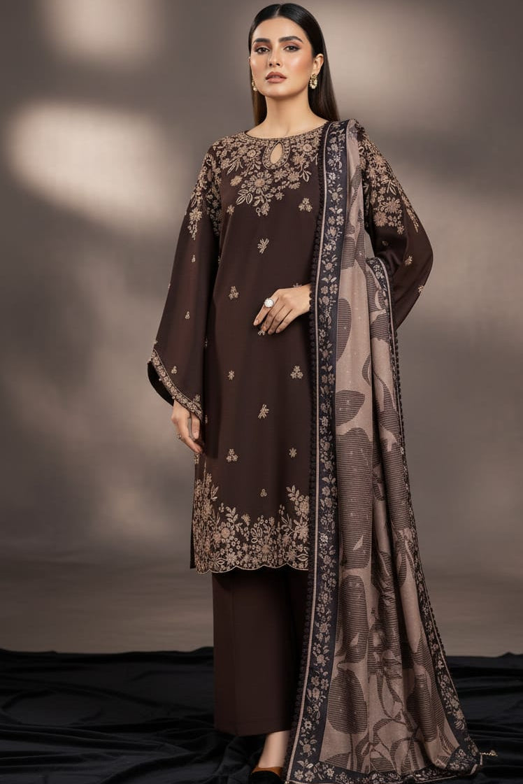 EL-BQ140 Dhanak Embroidered Suit With Digital Printed Wool Shawl