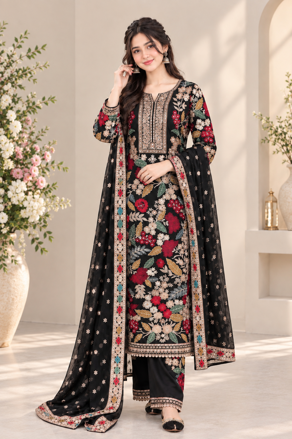 EL-RR2935 Dhanak 3Pc Suit Fully Embroided With Tilla & Thread Work With Fully Embroided Chiffon Dupatta