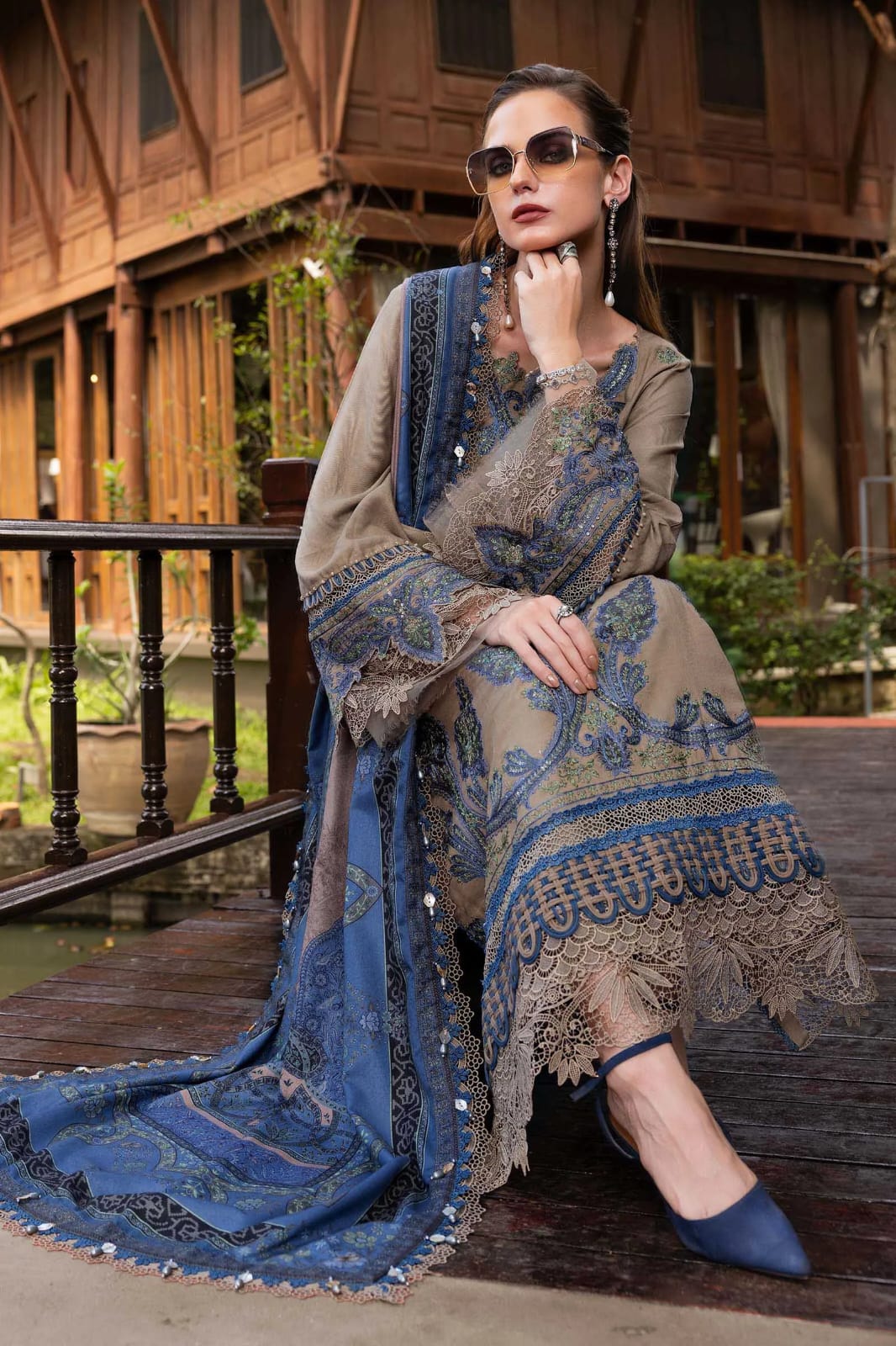 EL-MB3050 Unstitched Fully Embroidered Dhanak Suit With Digital Printed Wool Shawl