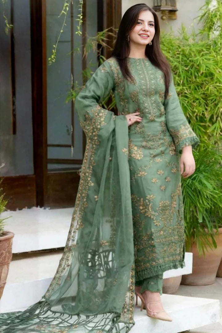 EL-1100 Sage Green Un-Stitched Lawn Embroidered 3pc With Organza Embroidered Dupatta