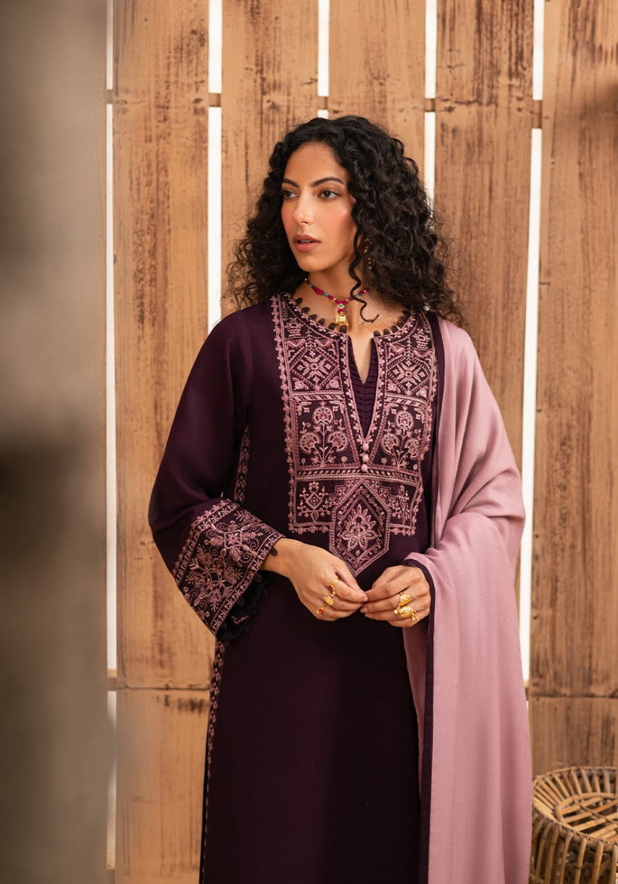 EL-RP605 Unstitched Embroidered Dhanak Suit With Embroidered Dhanak Shawl - ELAFF